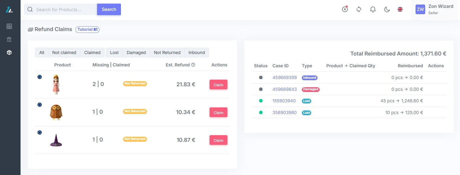 ZonWizard Refunds section screenshot for monitoring Amazon reimbursements